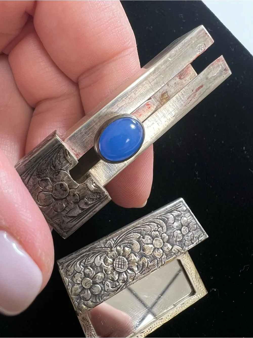 Antique 800 Silver Floral Engraved Lipstick Compact with Blue Cabochon Accent